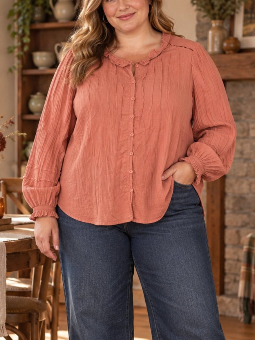 Wonderly Boho Long Sleeve Blouse Womens XXL 1X Ruffle Neck Button Front Cotton